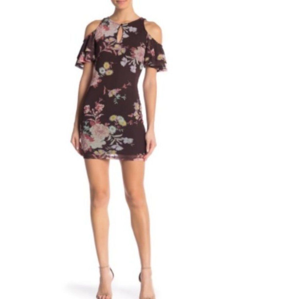 MATERIAL GIRL Cold Shoulder Floral Mesh brown Dress size M